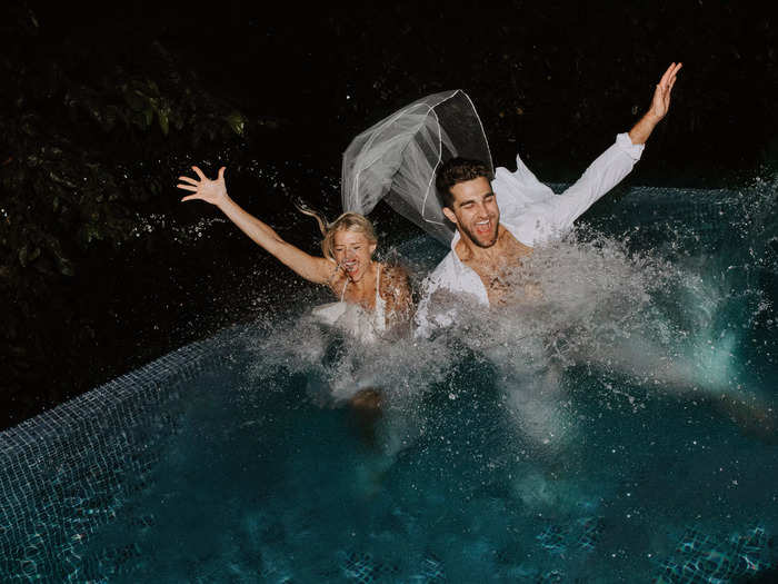 This bride and groom decided to take a dip in the pool at their nuptials in Costa Rica.