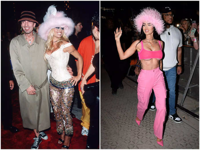 Megan Fox rocked a fluffy pink hat similar to the one Pamela Anderson wore to the 1999 VMAs.