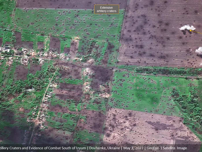 This satellite image shows the aftermath of heavy Russian artillery strikes on a field near Dovhenke, Ukraine, in May 2022.