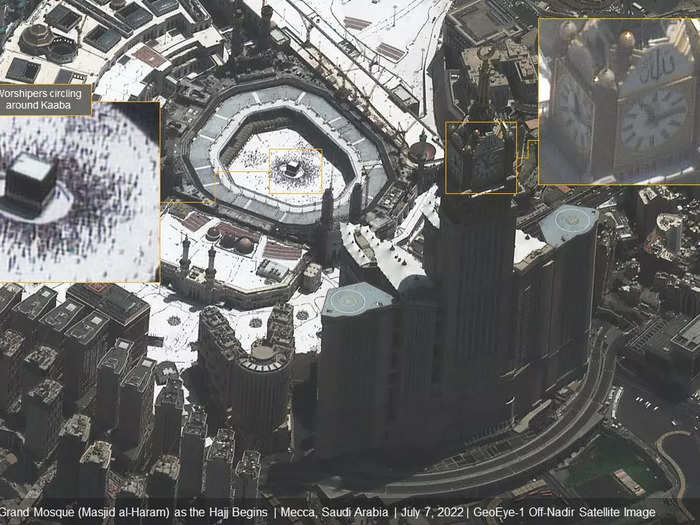 Muslim worshippers circling the holy Kaaba and visiting Mecca