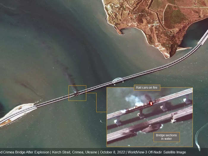 On October 8, 2022, the Kerch bridge in Crimea, Ukraine was damaged by a barrage of rockets.