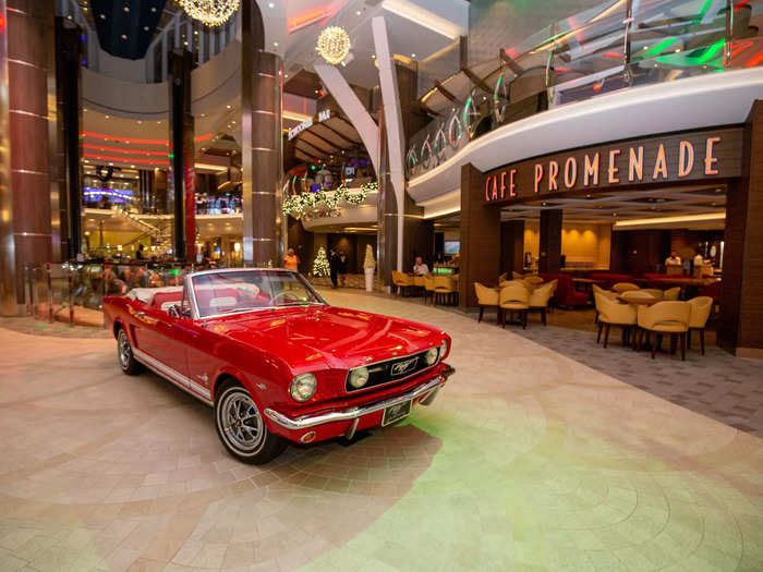 But unlike a typical mall, the Royal Promenade has a giant metal cowboy hat and a Ford Mustang parked in the middle of the walkway.