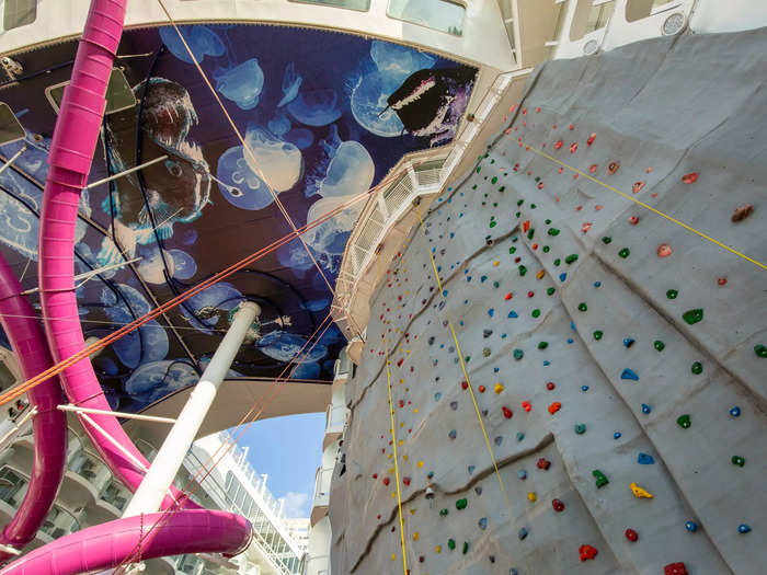 But unlike a traditional boardwalk, this neighborhood is also home to the two large rock climbing walls that flank the Aqua Theater.