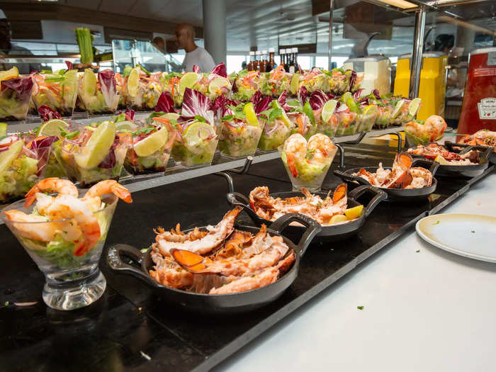 … and a traditional indoor cruise buffet with a seafood, international fare, and dessert section.