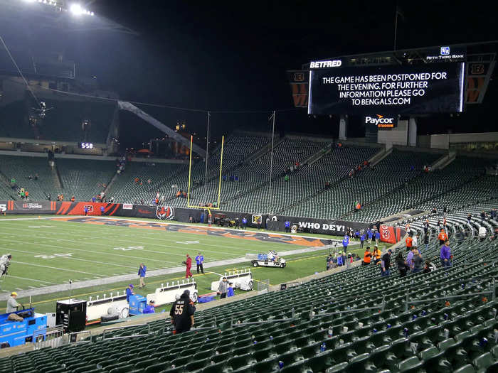 It would take another 43 minutes — more than an hour after the initial injury — for the NFL to officially postpone the game.