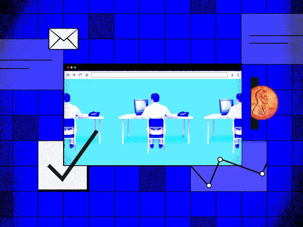 Collage of three virtual assistants working at desks and completing task. They are surrounded by office symbols, a penny going into a slot and a check mark