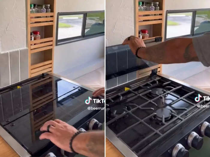 The couple placed a cover on their stove that doubles as a countertop.