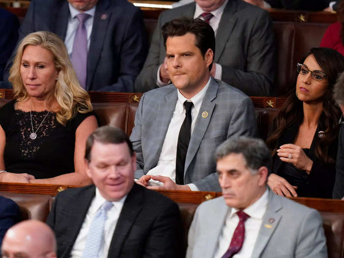 Greene, Gaetz, and Rep. Lauren Boebert stare stoically during the 15th vote.