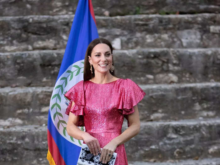 She wore a sparkling pink dress with feminine butterfly sleeves to a dinner reception at the Mayan ruins during her 2022 tour of Belize.