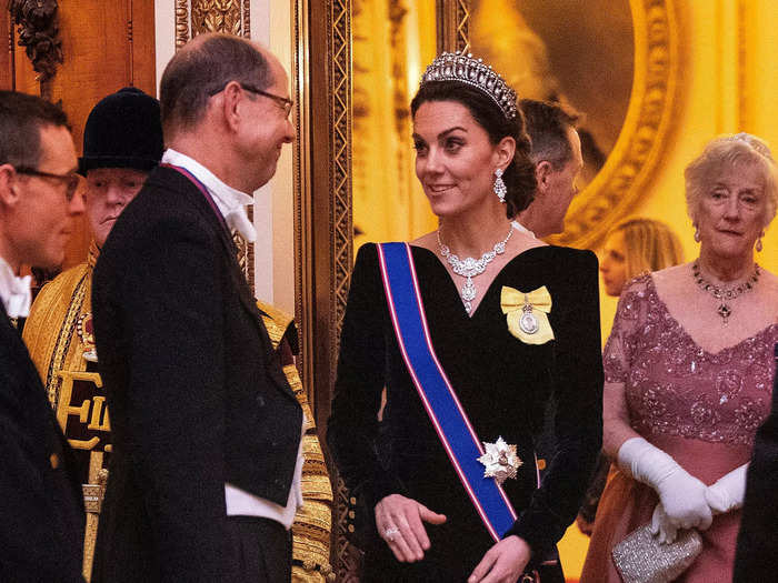 The royal wore a navy velvet gown, which she paired with Princess Diana