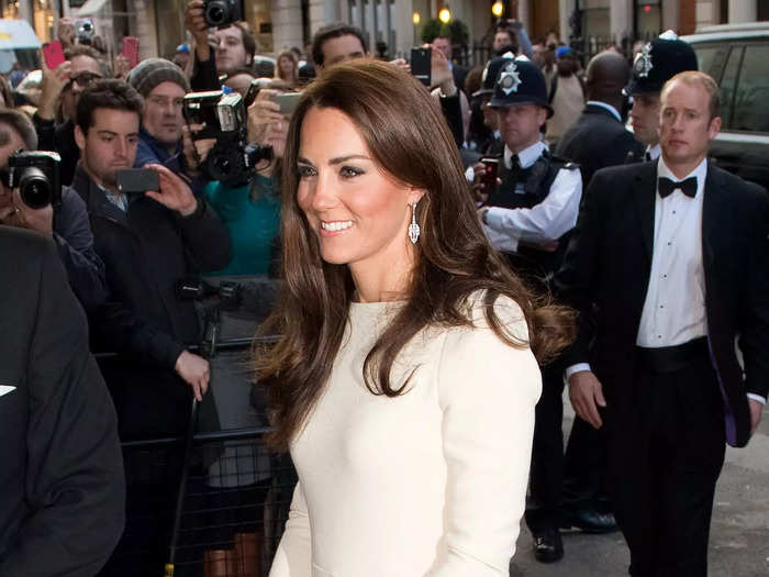 She looked regal in a floor-length gown for a dinner in London.