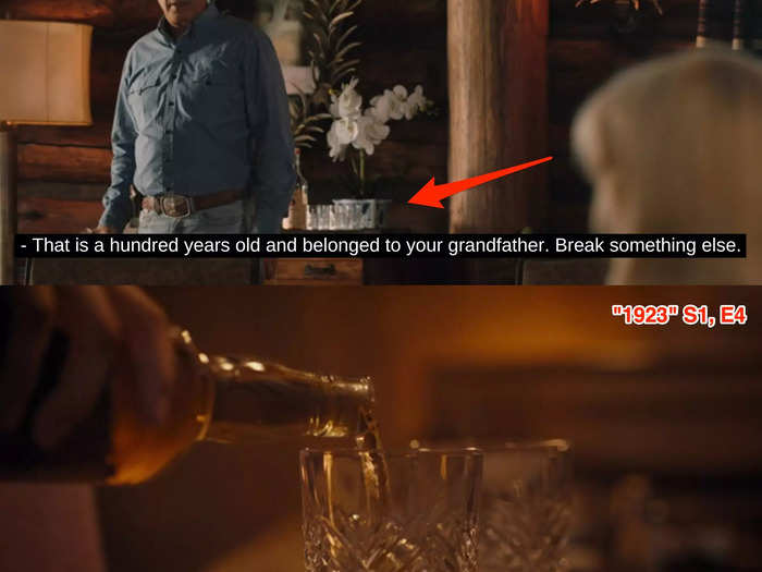 Spencer appears to be drinking out of the same Swarovski crystal glasses John Dutton III later has in his home in "Yellowstone."