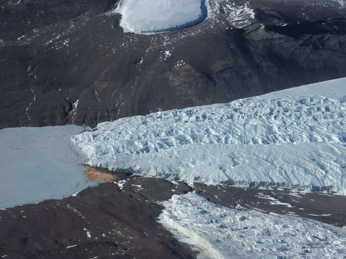 In a 2017 study, scientists found that Taylor Glacier formed roughly 2 million years ago, trapping a saltwater lake under it. Millions of years later, the ancient lake has reached the edge of the glacier, squeezing out salt water.