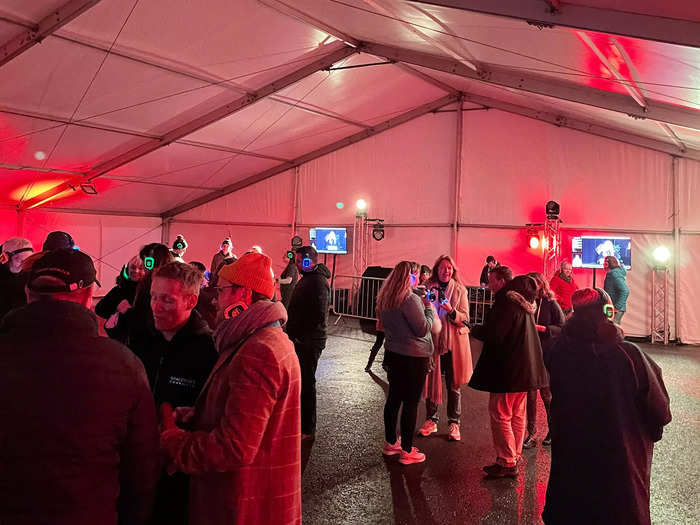 Virgin Orbit also organized a massive marquee for a silent disco. Staff were handing out headphones on the door, and people inside danced to well-known pop songs.