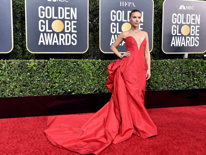 January 2020: Scarlett Johansson matched the red carpet in a custom gown from Vera Wang.