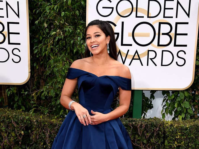 January 2016: Gina Rodriguez arrived looking like a princess in a blue ball gown.