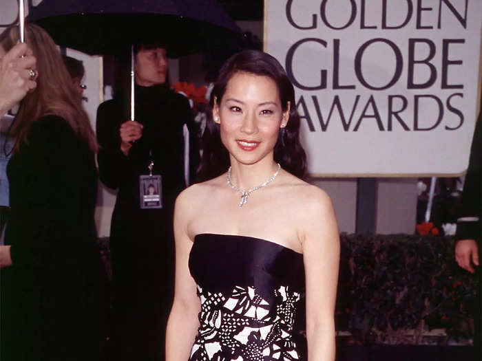 January 2000: Lucy Liu went full glam in a black-and-white strapless gown.