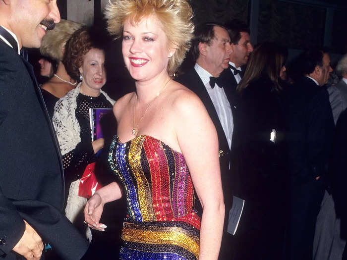 January 1987: Melanie Griffith chose an elaborate rainbow-striped gown.