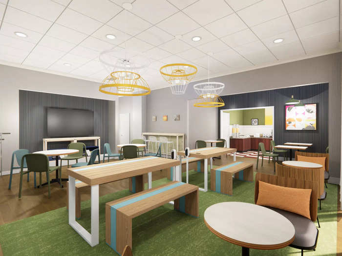 … while the common spaces will have a 24-hour market, plenty of seats, and communal tables for remote workers and complimentary breakfast diners.