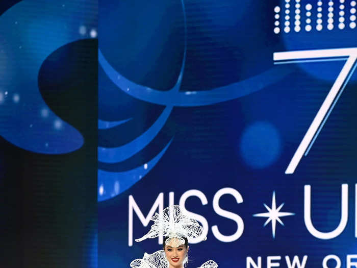 Miss Singapore Carissa Yap wore a 3D-printed jumpsuit and matching hat.