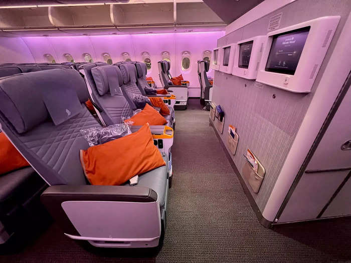 Premium economy is located towards the front of the aircraft and features 44 recliners in a 2x4x2 configuration.