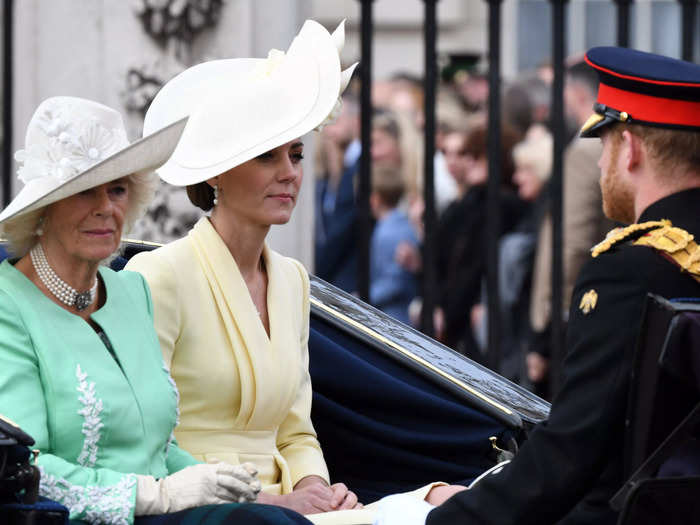 June 8, 2019: Harry and Camilla rode in an open carriage together during Trooping the Colour, the last time they were photographed conversing together in close proximity.