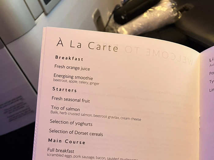 The menu offered 3 courses for each meal, with breakfast served right after take-off and our "light meal" served before landing.