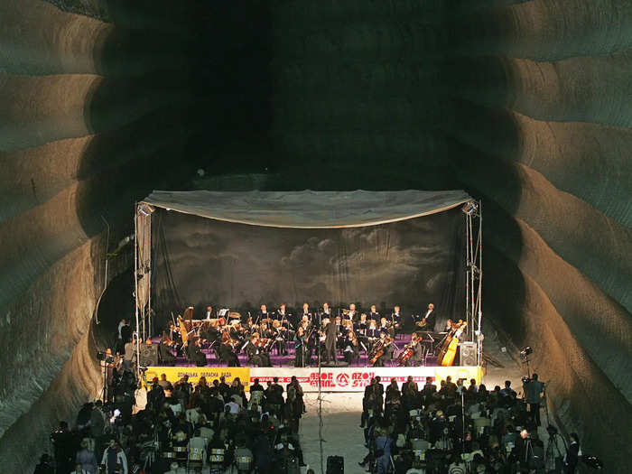 Donetsk Symphony orchestra performs during a concert held in a 280 metres deep salt mine in the town of Soledar, some 400 km (250 miles) east from the capital Kiev, October 2, 2004.