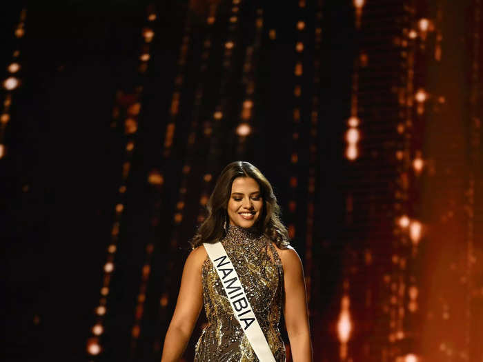 Miss Namibia Cassia Sharpley also had semi-sheer fabric on her evening gown.