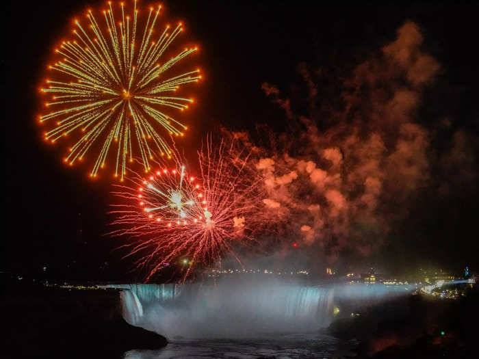 At 10 p.m., I was excited to see a fireworks show explode over the glowing waterfalls, which I enjoyed without obstruction or crowds.