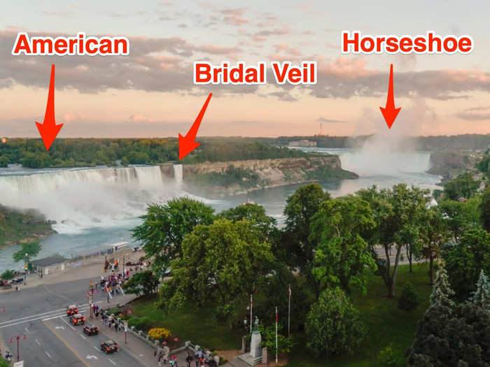 The Sheraton Fallsview Hotel faces all three falls that make up Niagara Falls: the American Falls on the left, Bridal Veil Falls in the middle, and Horseshoe Falls, the U-shaped falls on the right.