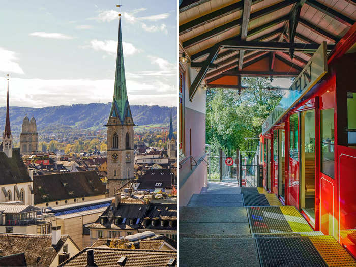 My favorite view in Zürich came during my ride on a funicular cable car called a Polybahn to Polyterrasse, a deck in front of Zurich University where I could see the whole city and beyond.