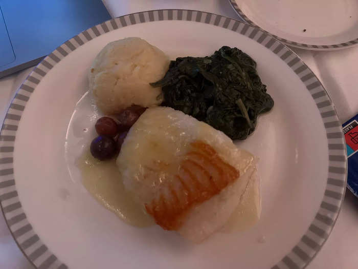 I chose the halibut dish, which came with spinach and mashed potatoes. Everything was delicious, though I thought the potatoes had a tangy taste, likely from the juices of the trout.