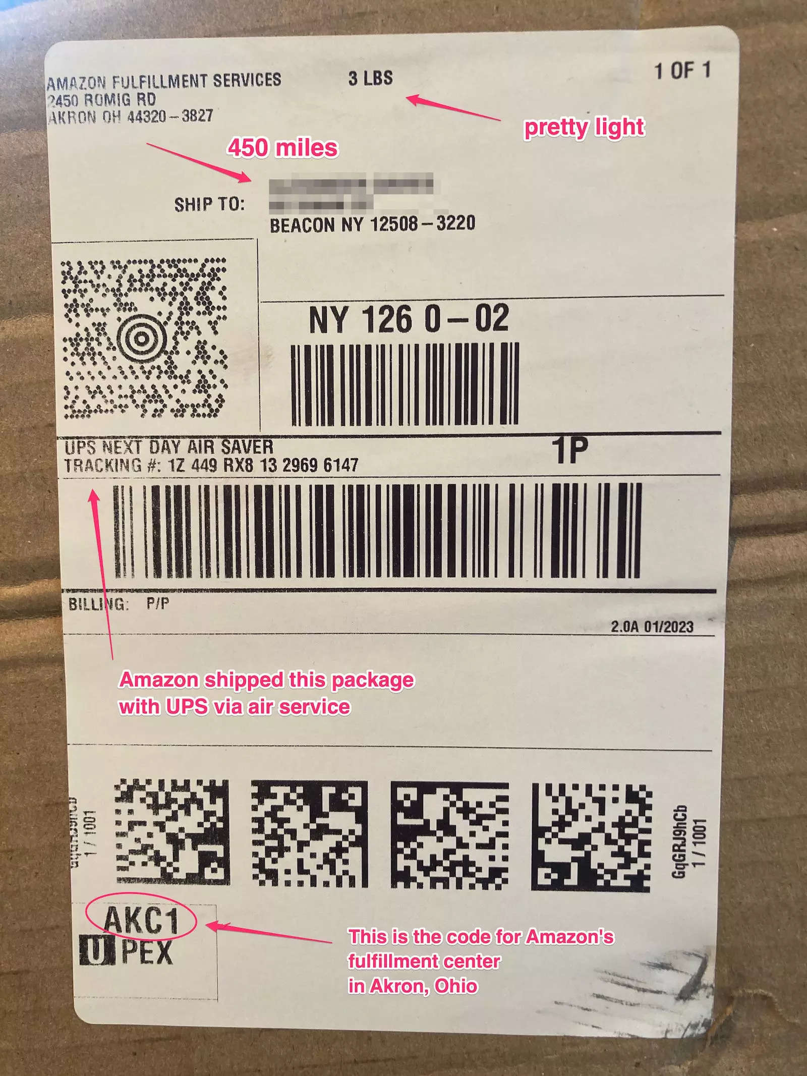 A white package shipping label from and Amazon package