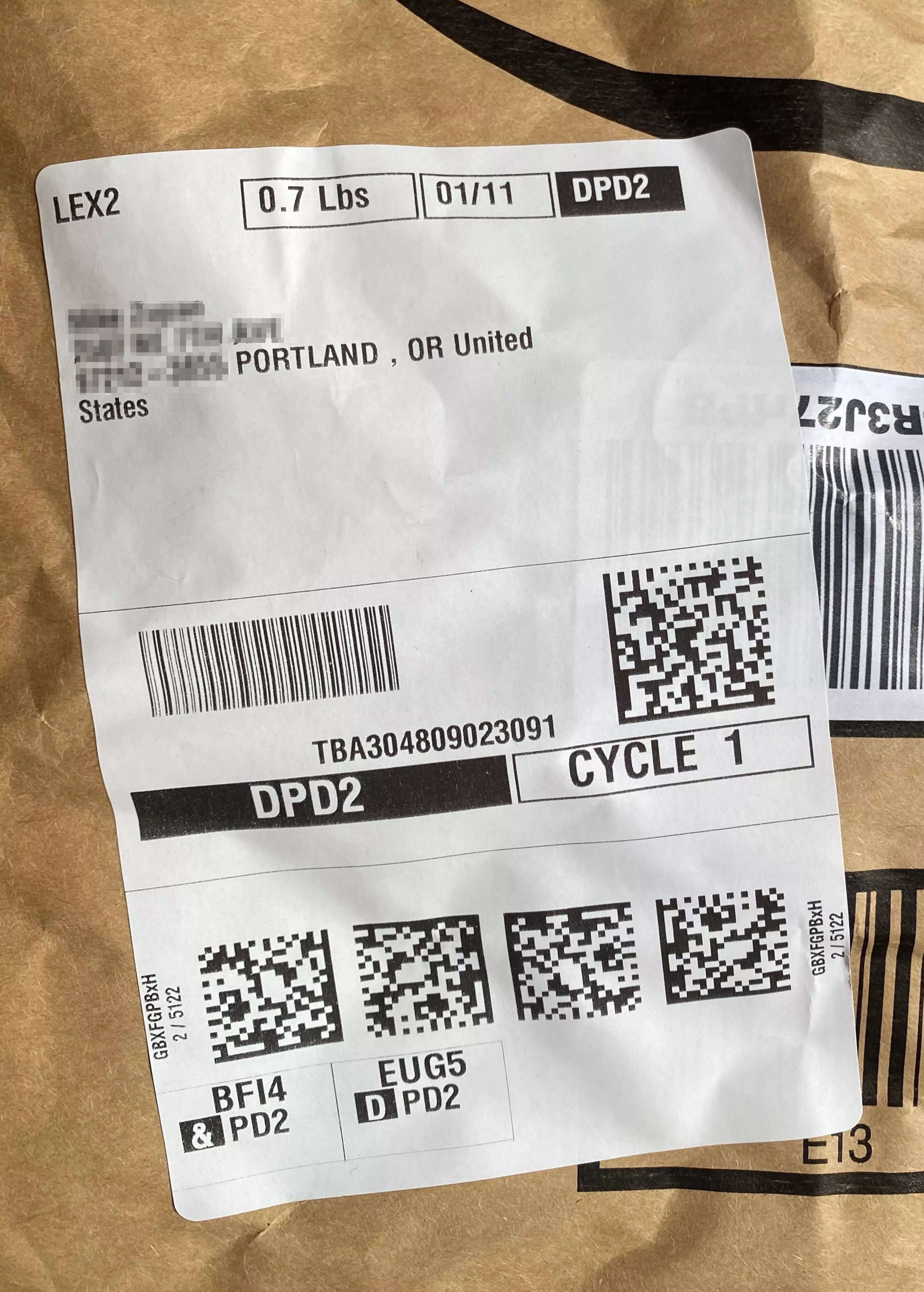 An Amazon package shipping label