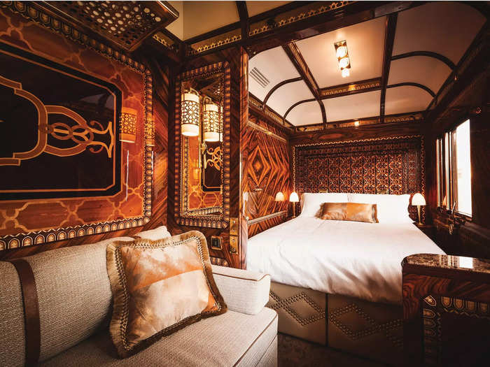 One of the Grand Suites on the Venice Simplon-Orient-Express is the Istanbul Suite, which has hand-carved wall details.