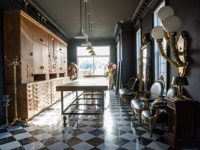 In the new dining room, he added a 17-foot sacristy cabinet he salvaged from a church that was going to be torn down.