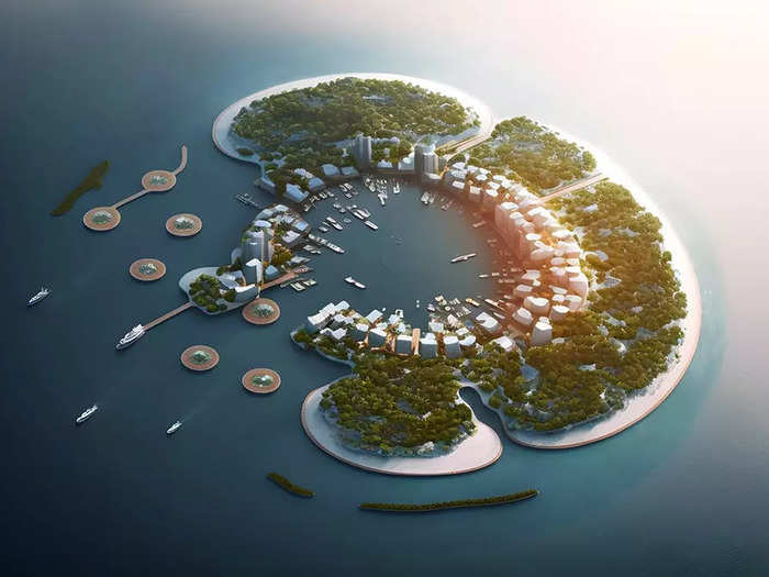 The island would be powered by 100% renewable energy from multiple sources including wind, solar, and water turbines.