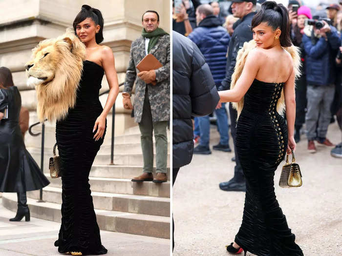 Kylie Jenner made an appearance with a standout accessory: a replica of a lion