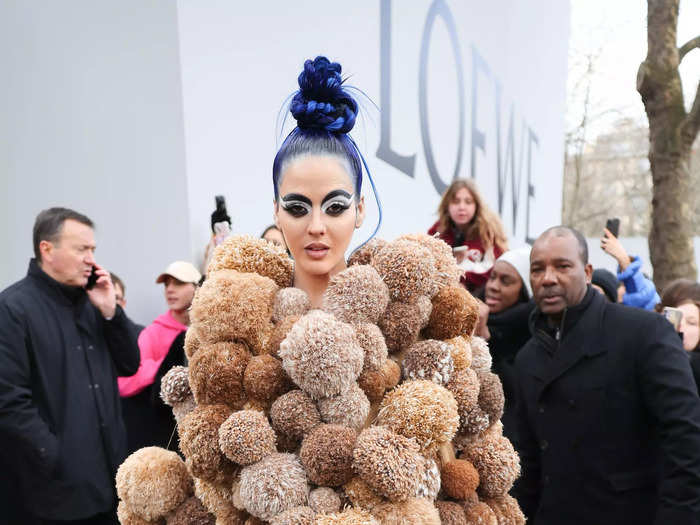 Sita Abellán wore a bodysuit covered in puffs to the Loewe menswear show.