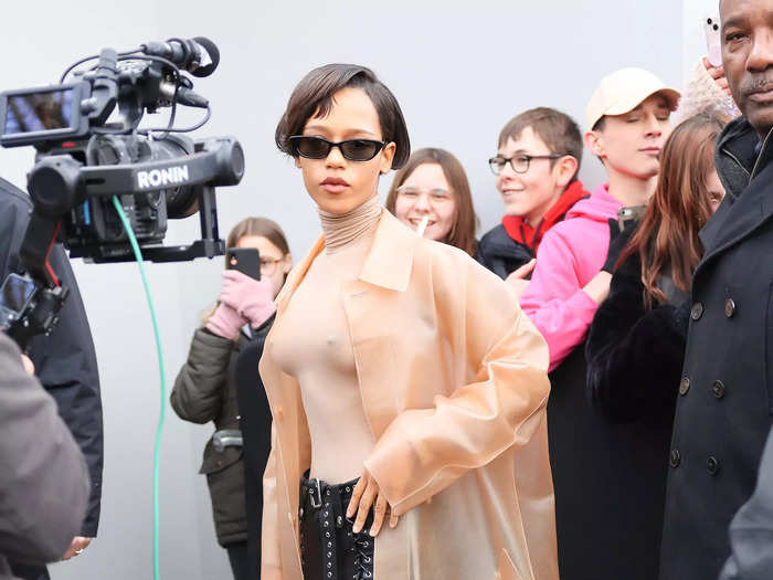 Taylor Russell rocked a semi-sheer top and coordinating jacket at the Loewe show.