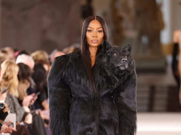 Naomi Campbell, on the other hand, sported a jacket covered in fur-like material with a replica of a wolf