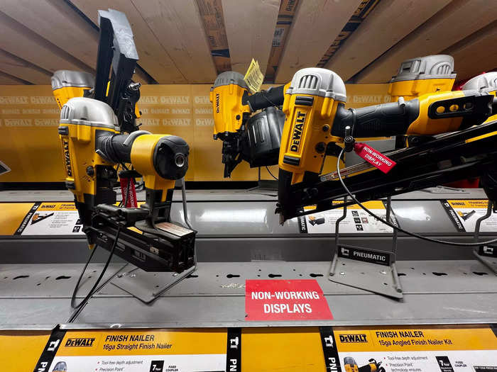 Home Depot also used locks and non-working units to display items, like these nail guns.