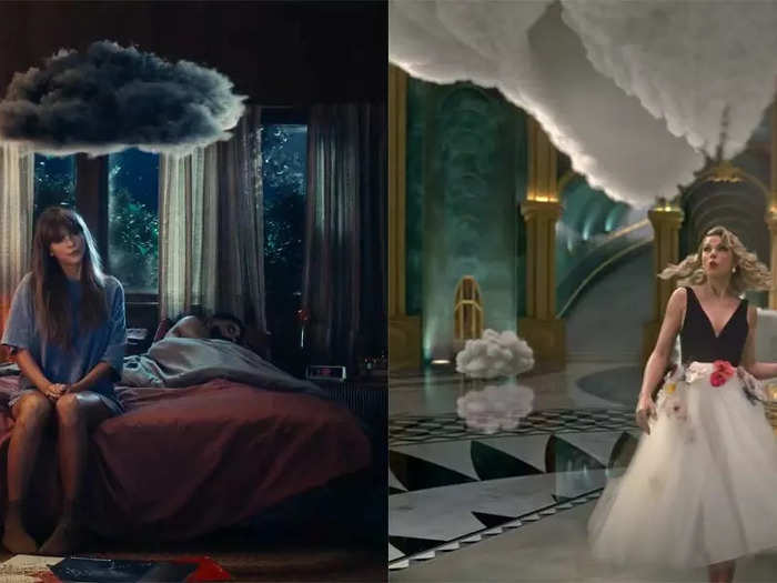 Swift is shown with a cloud above her head, recalling the "Me!" music video.