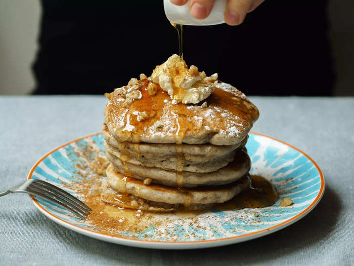 Pancakes with butter and maple syrup