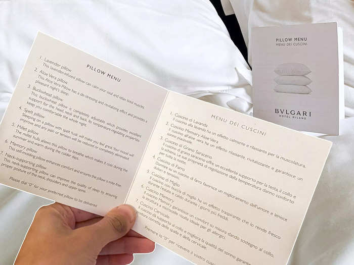 I was also astonished by the pillow menu at the Bulgari Hotel and Spa.