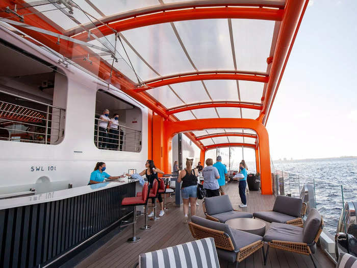 But one of the most unique bars — and spaces in general — aboard the ship was the Magic Carpet, a bar and lounge on an open-aired platform that can rise and lower between decks.