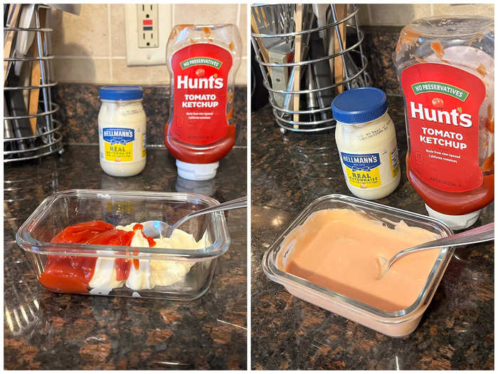 I started by combining the mayonnaise and the ketchup in a small glass container. Once I mixed them, I saw mayo-ketchup