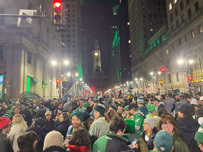 In the shadow of William Penn, Eagles fans embraced their victory and hoped for one more to come.