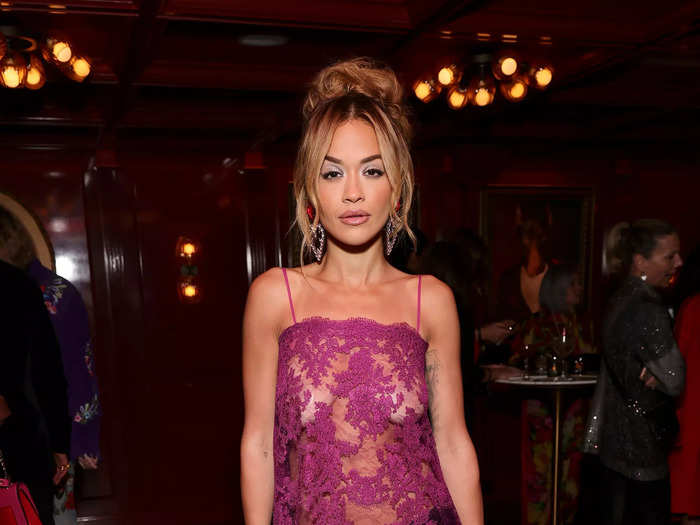 Rita Ora wore a vibrant dress crafted from lace that same week.